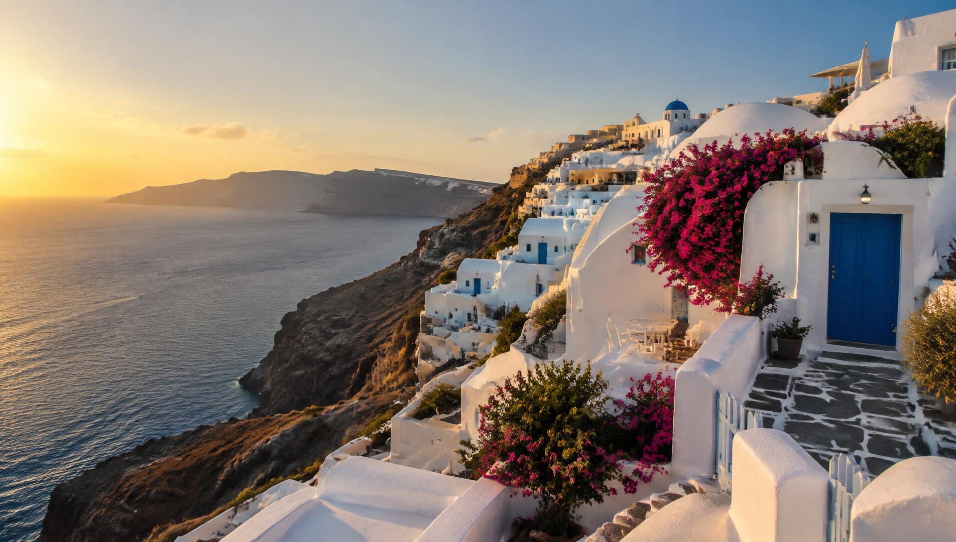 Whitewashed cliffside village above the Aegean at sunset